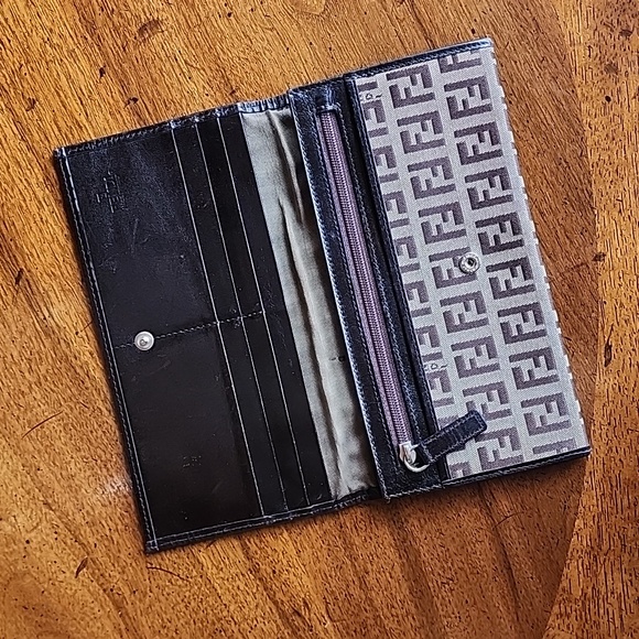 Vintage Fendi Brown & Beige Zucchino Canvas & Leather Continental Wallet - Picture 7 of 17